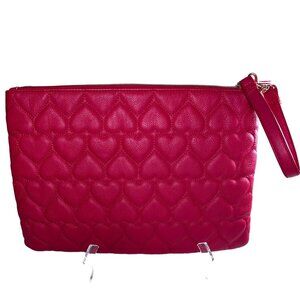 Betsey Johnson Red Quilted Faux Leather Heart Pattern Wristlet Clutch Bag ipad